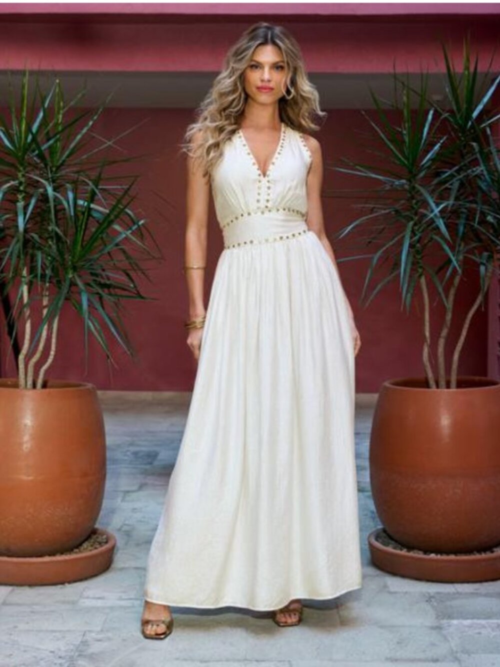Crystal Grommet Trim Sheen Gauze Maxi Dress | Off White | Size M | Like New